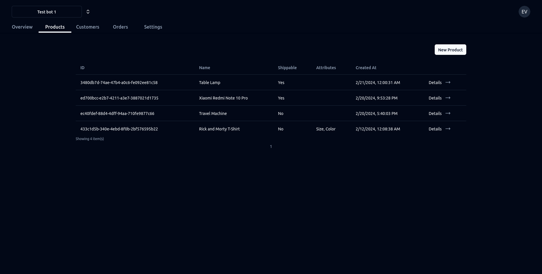 Admin panel products management